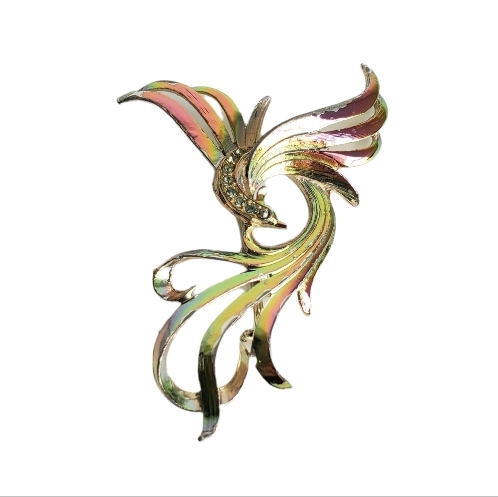 Vintage Large Bird Brooch Exotic Bird of Paradise Iridescent Figural Pin